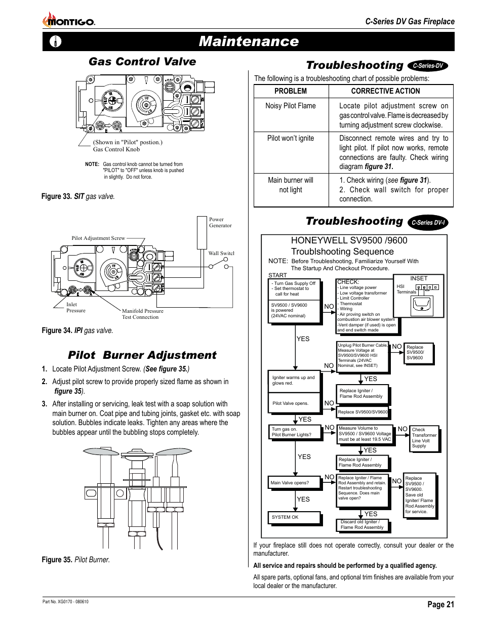 Maintenance, Gas control valve pilot burner adjustment, Troubleshooting | Page 21 c-series dv gas fireplace | Montigo C34DV User Manual | Page 21 / 28