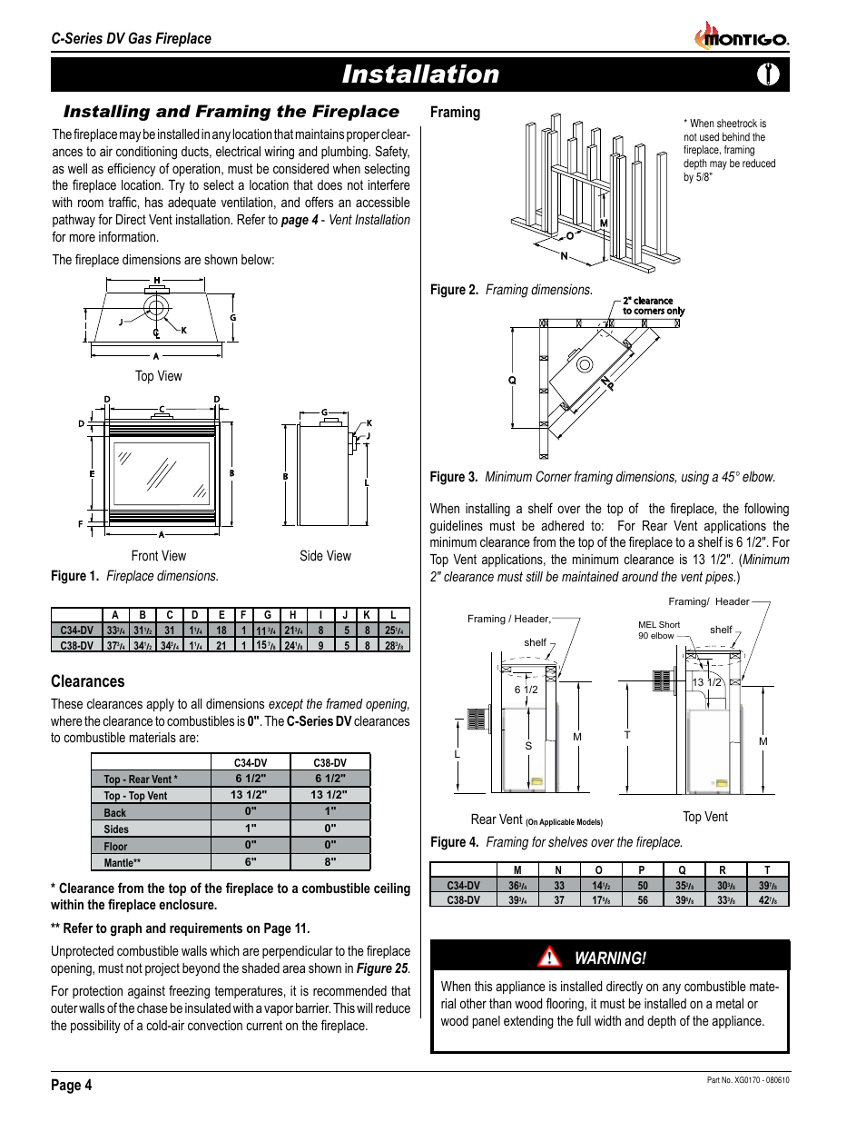 Installation, Installing and framing the fireplace, Warning | Clearances, Page 4 c-series dv gas fireplace, Framing | Montigo C34DV User Manual | Page 4 / 28