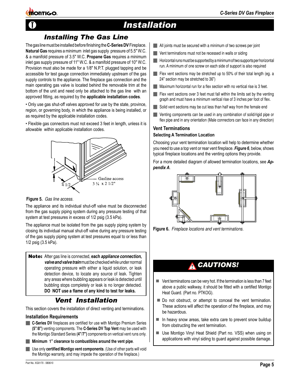 Installation, Installing the gas line, Vent installation | Cautions | Montigo C34DV User Manual | Page 5 / 28