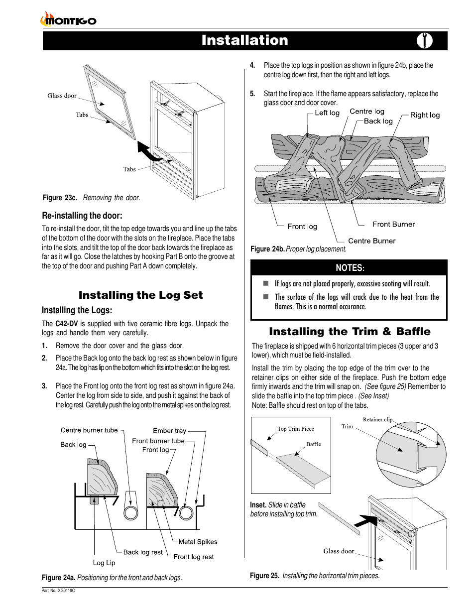 Installation, Installing the trim & baffle, Installing the log set | Montigo C42DV User Manual | Page 13 / 20