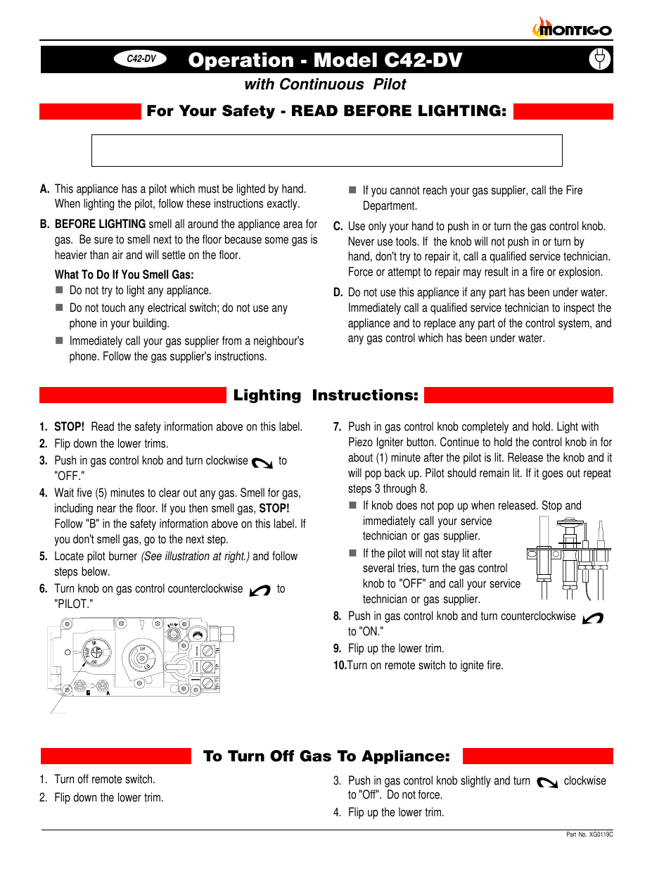 Operation - model c42-dv, Lighting instructions | Montigo C42DV User Manual | Page 14 / 20