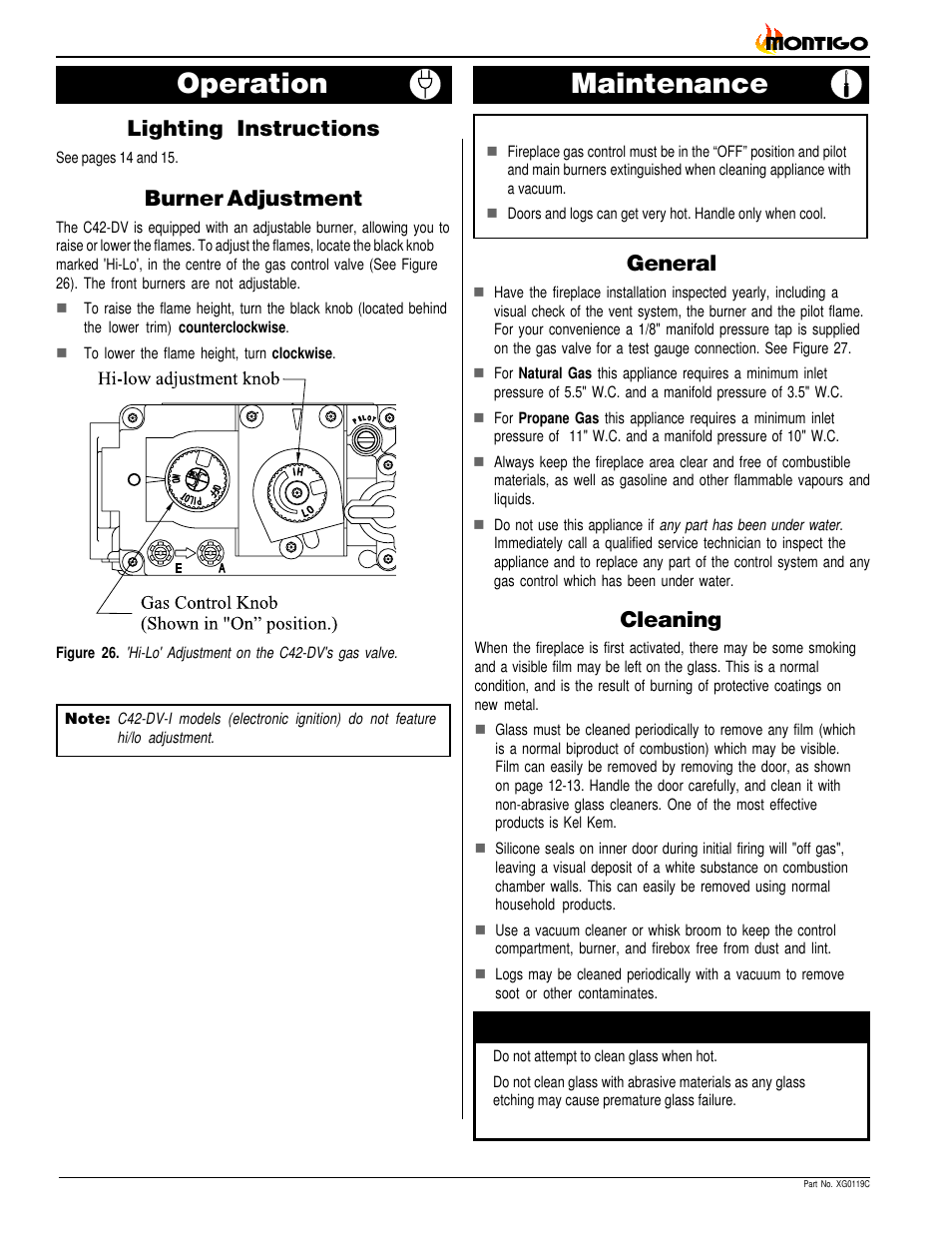 Maintenance, Operation, General | Lighting instructions, Burner adjustment, Cleaning | Montigo C42DV User Manual | Page 16 / 20