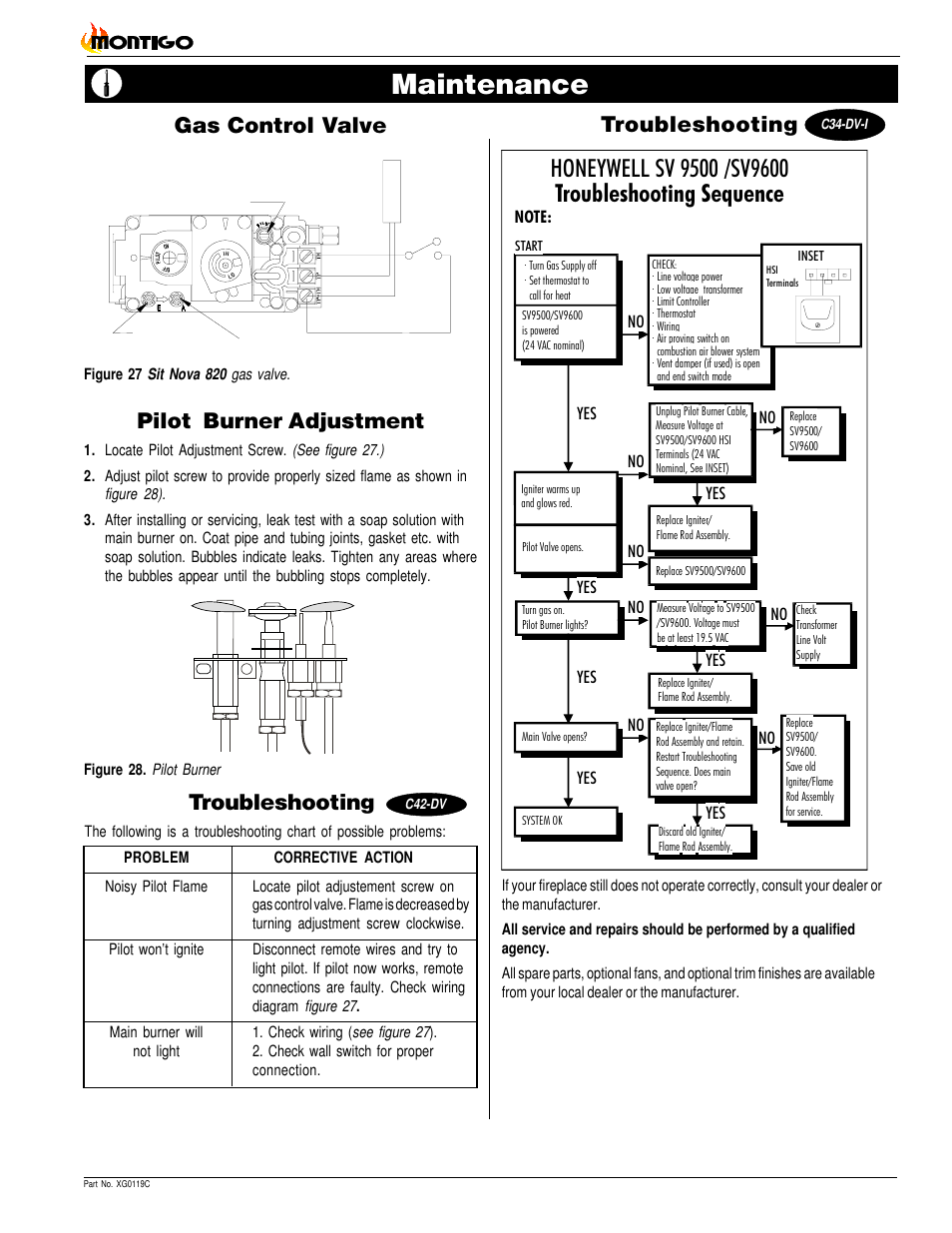 Maintenance, Gas control valve, Pilot burner adjustment | Troubleshooting | Montigo C42DV User Manual | Page 17 / 20