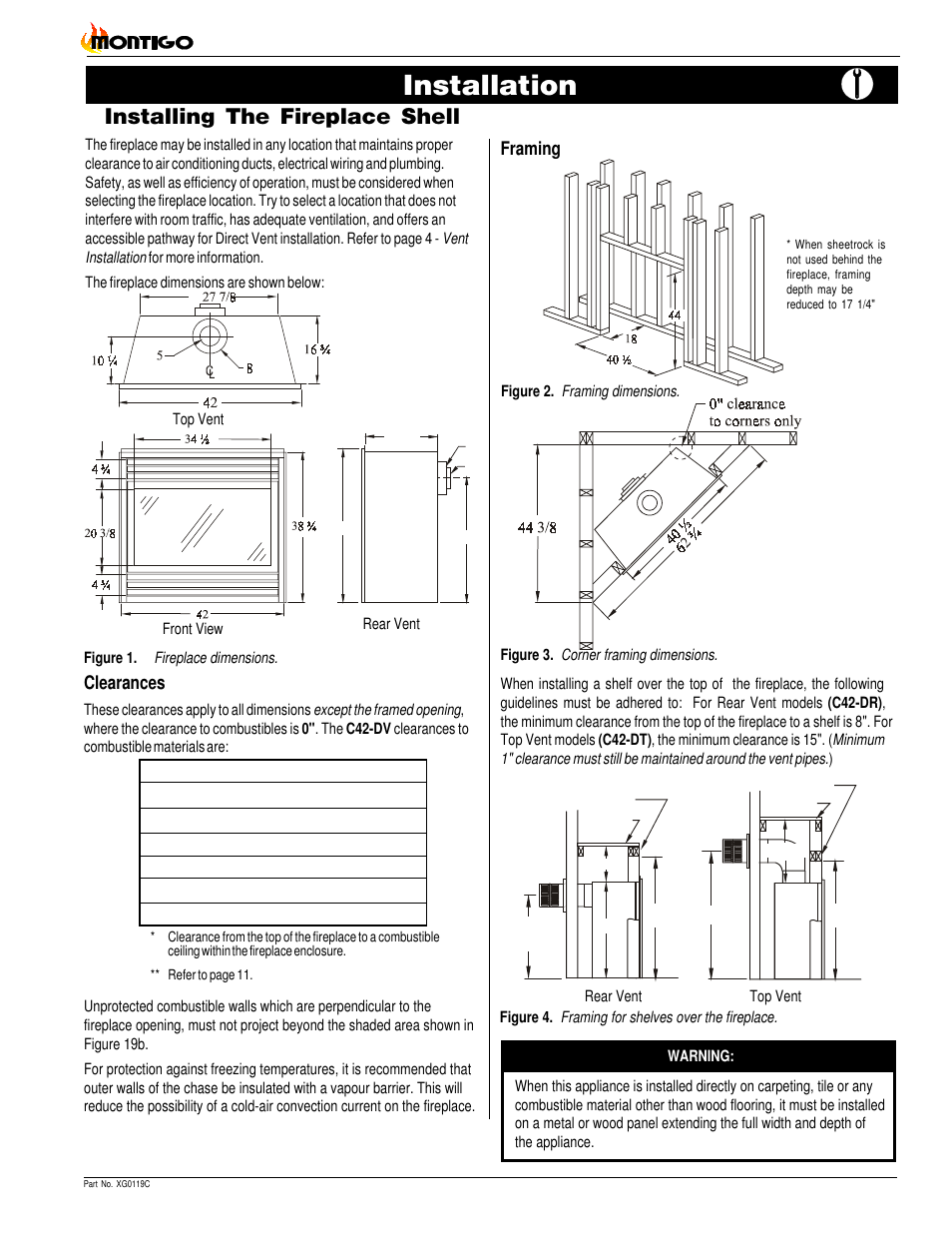 Installation, Installing the fireplace shell | Montigo C42DV User Manual | Page 3 / 20