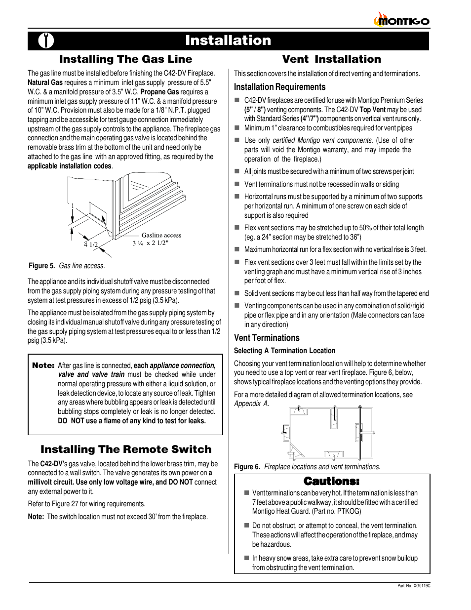 Installation, Vent installation, Cautions | Cautions: installing the gas line, Installing the remote switch | Montigo C42DV User Manual | Page 4 / 20