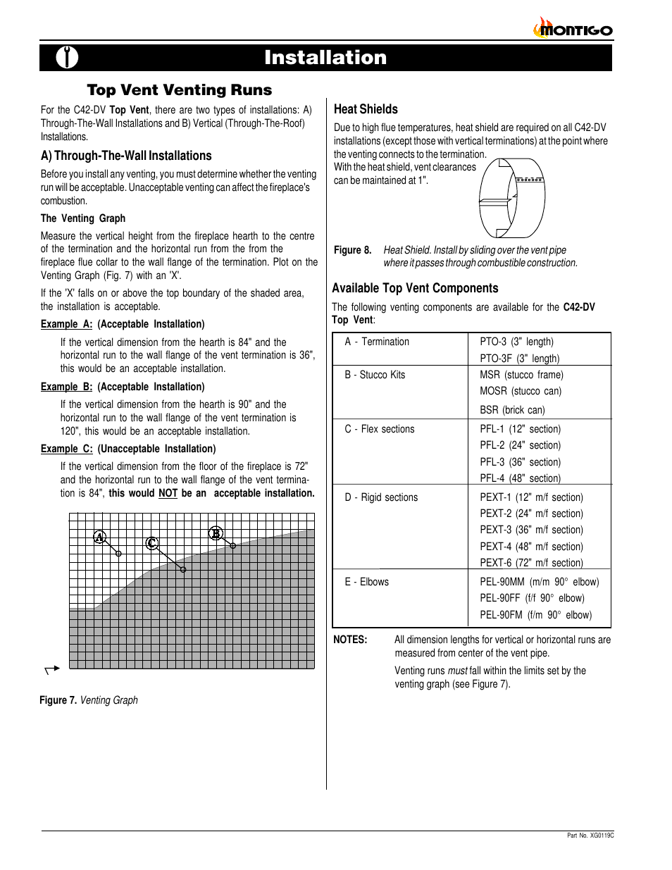 Installation, Top vent venting runs, A) through-the-wall installations | Heat shields, Available top vent components | Montigo C42DV User Manual | Page 6 / 20