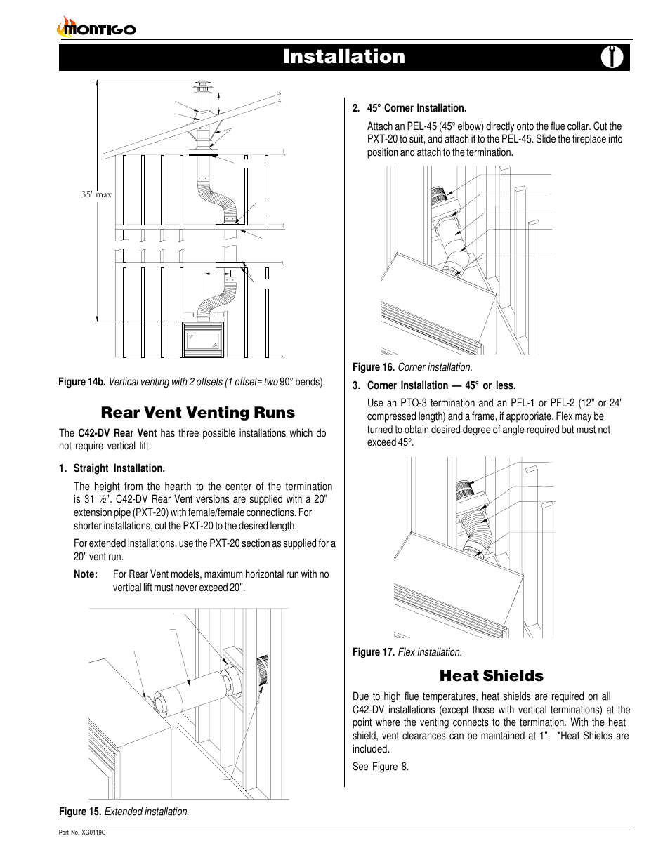 Installation, Rear vent venting runs, Heat shields | Page 9 c42-dv gas fireplace | Montigo C42DV User Manual | Page 9 / 20