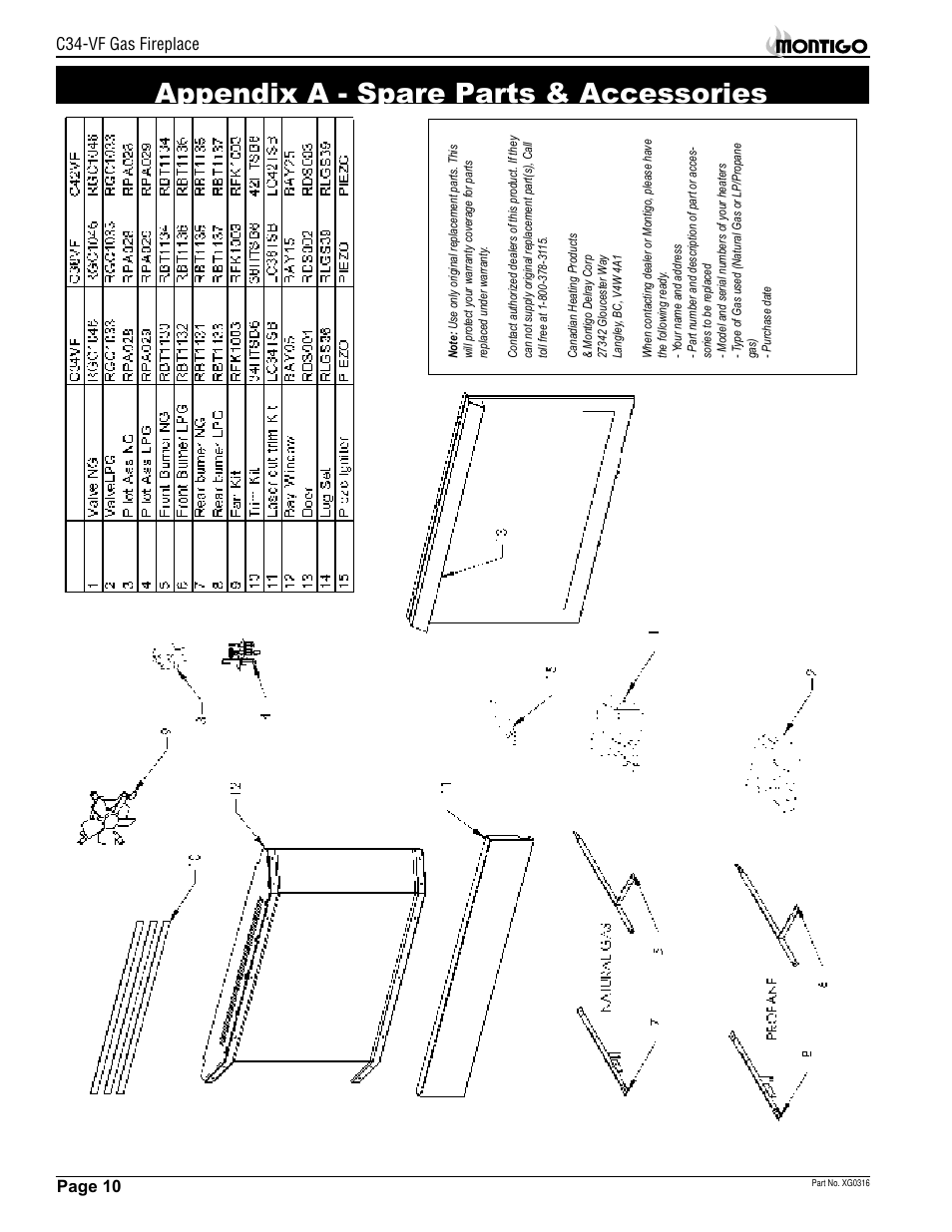 Appendix a - spare parts & accessories, Page 10 c34-vf gas fireplace | Montigo C34 VF User Manual | Page 10 / 12