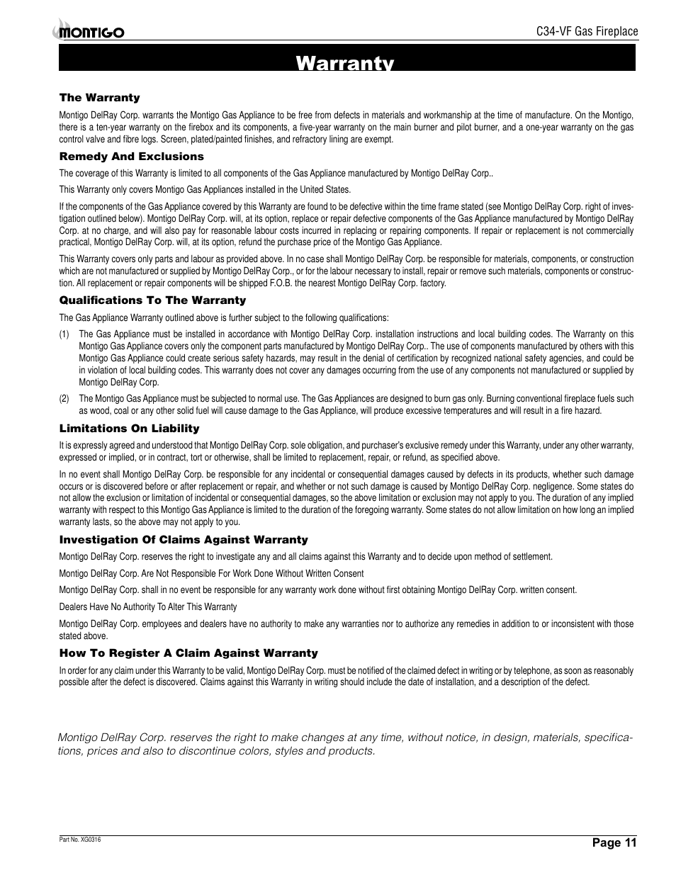 Warranty | Montigo C34 VF User Manual | Page 11 / 12