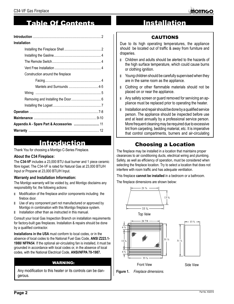 Installation table of contents, Introduction, Choosing a location | Montigo C34 VF User Manual | Page 2 / 12