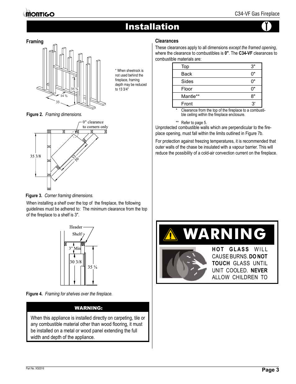 Warning, Installation, Page 3 c34-vf gas fireplace | Framing | Montigo C34 VF User Manual | Page 3 / 12