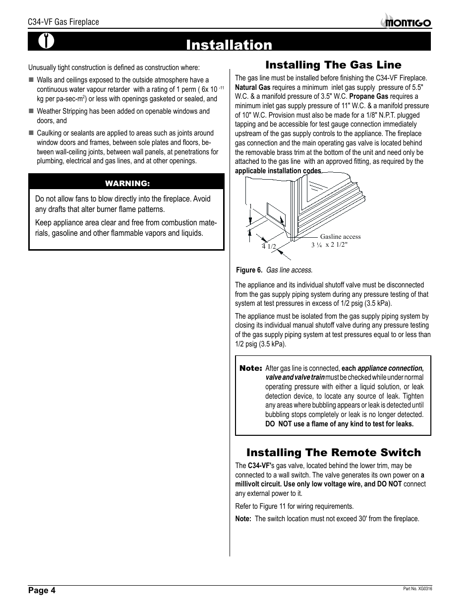 Installation, Installing the gas line, Installing the remote switch | Montigo C34 VF User Manual | Page 4 / 12