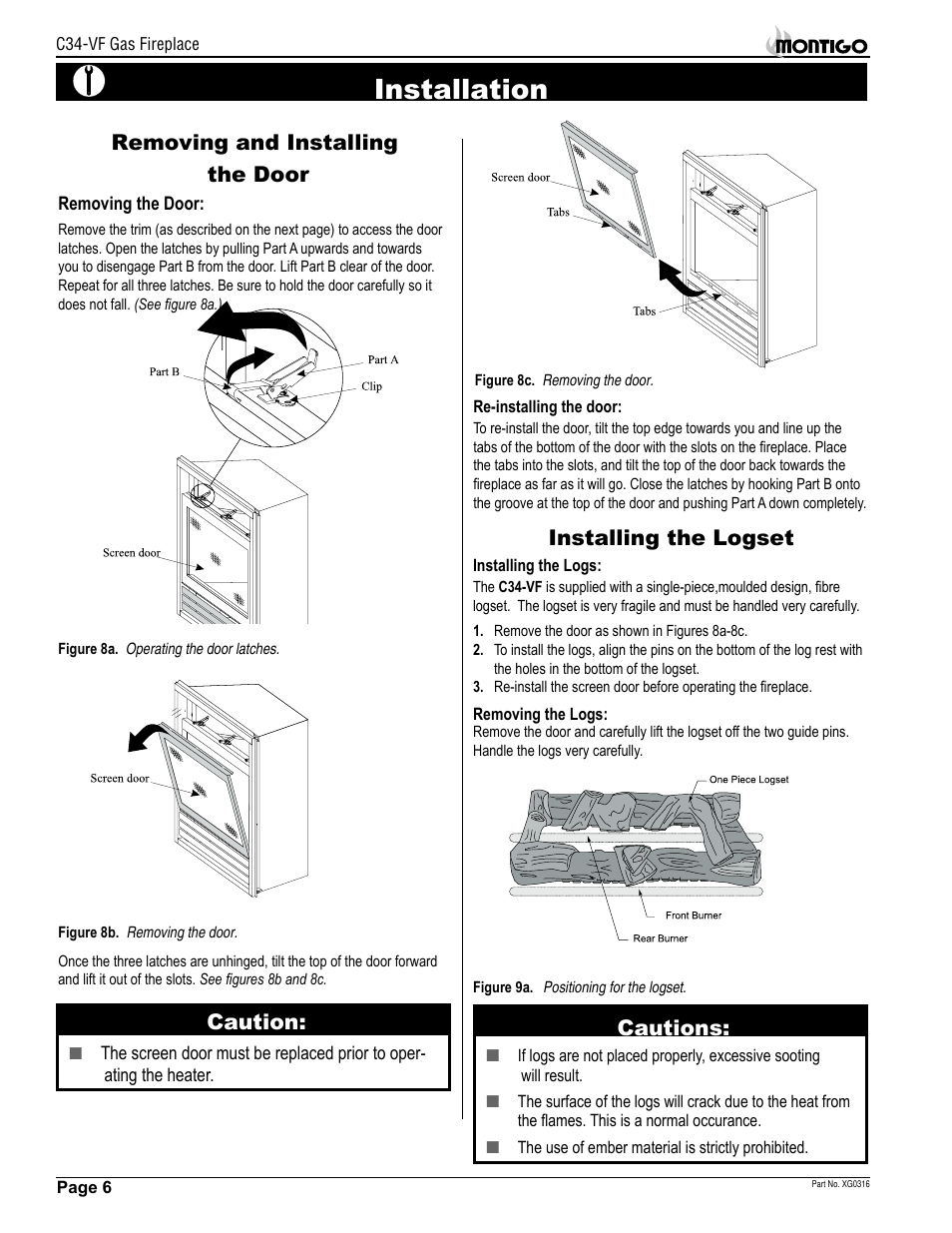 Installation, Cautions, Removing and installing the door | Installing the logset, Caution | Montigo C34 VF User Manual | Page 6 / 12