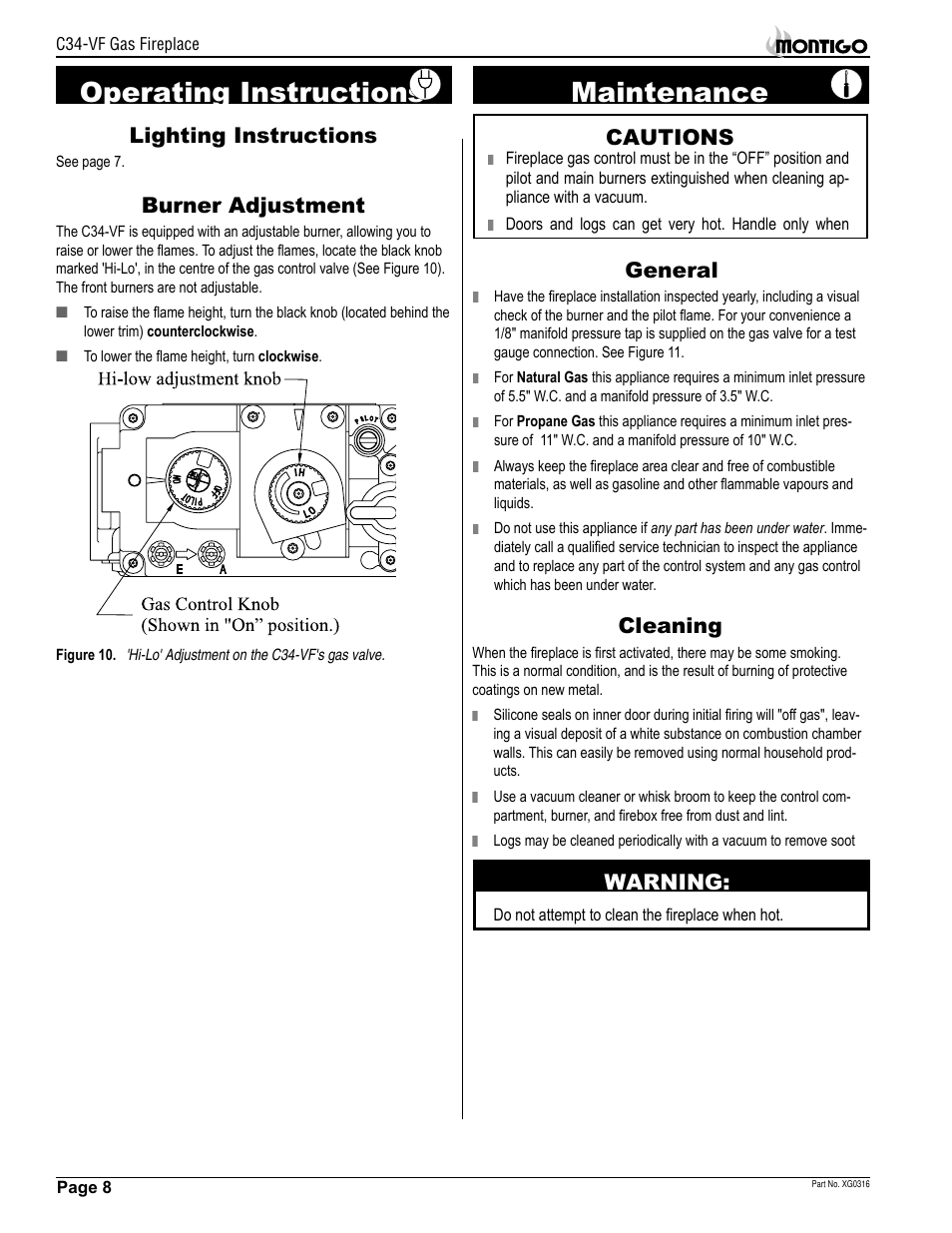 Maintenance, Operating instructions, Warning | Cautions, General, Lighting instructions, Burner adjustment, Cleaning | Montigo C34 VF User Manual | Page 8 / 12