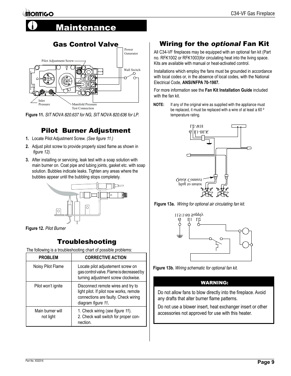 Maintenance, Gas control valve, Pilot burner adjustment | Troubleshooting, Wiring for the optional fan kit | Montigo C34 VF User Manual | Page 9 / 12