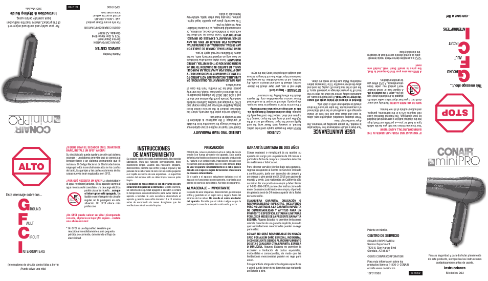 Mini, User m ain ten anc e, Instrucciones de mantenimiento | Thi s mes sag e abo ut, Roun d, Ault, Irc uit, Nterr upte rs ...c an s ave a l ife, Caut ion, Servi ce cen ter | Conair 263 User Manual | Page 2 / 2