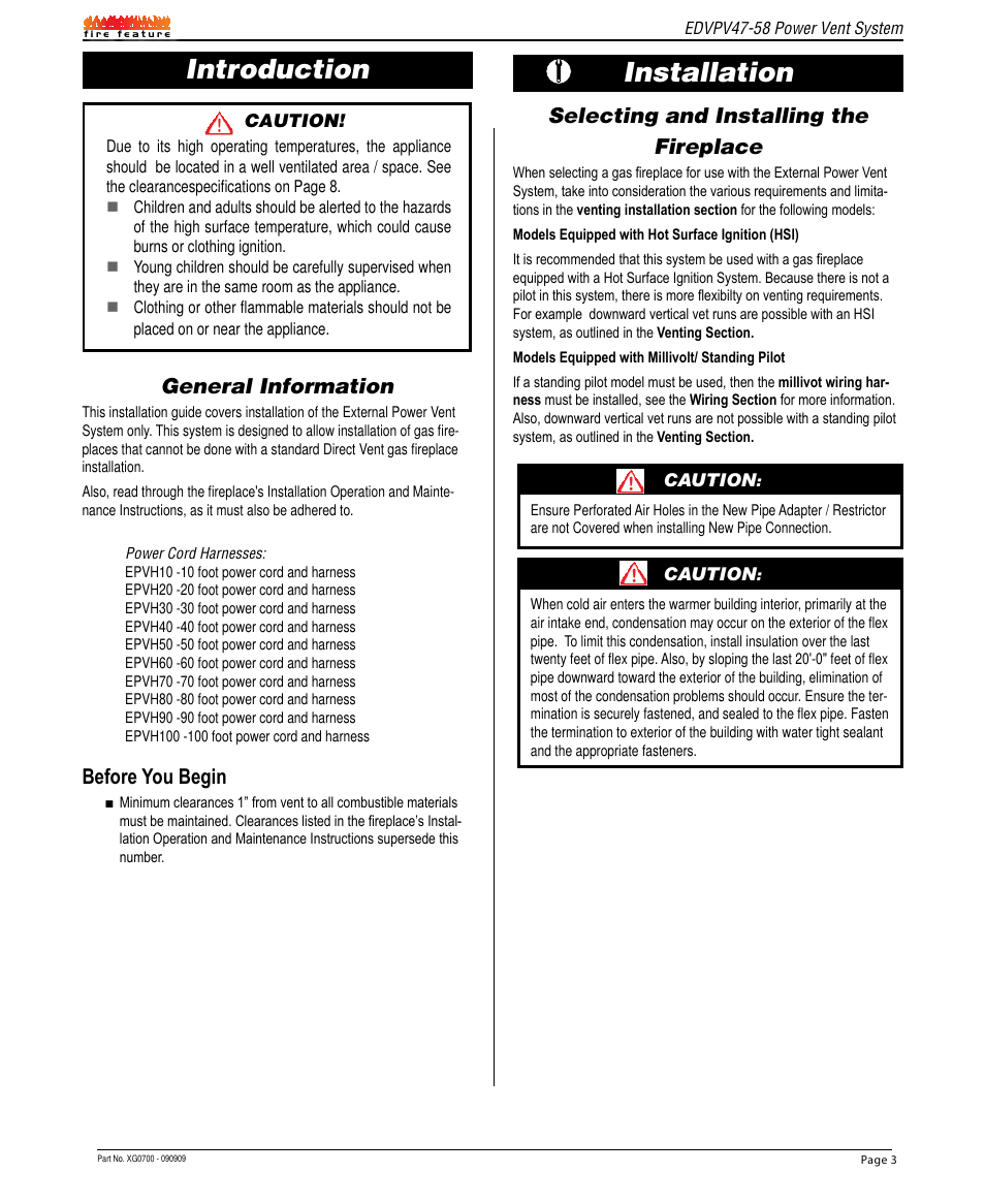 Introduction, Installation, Before you begin | General information, Selecting and installing the fireplace | Montigo EDVPV47 User Manual | Page 3 / 12