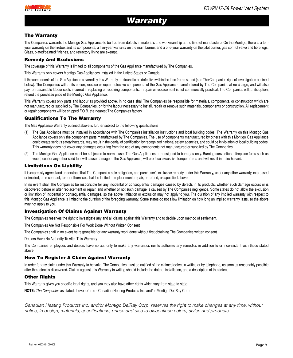 Warranty | Montigo EDVPV47 User Manual | Page 9 / 12