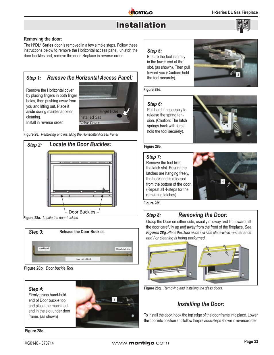 Installation, Locate the door buckles, Installing the door | Removing the door, Remove the horizontal access pan | Montigo H34DL User Manual | Page 23 / 40