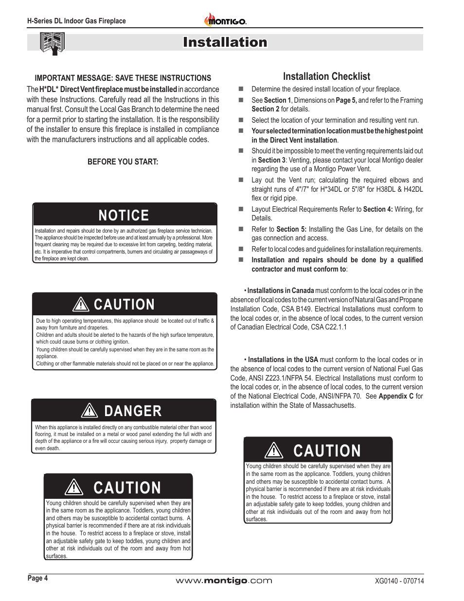 Notice, Caution, Danger | Installation, Installation checklist | Montigo H34DL User Manual | Page 4 / 40