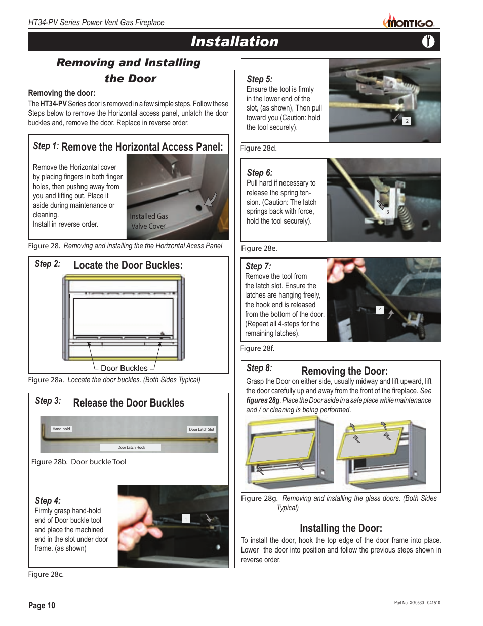 Installation, Installing the door, Release the door buckles | Locate the door buckles, Remove the horizontal access panel | Montigo HT34 PV User Manual | Page 10 / 20