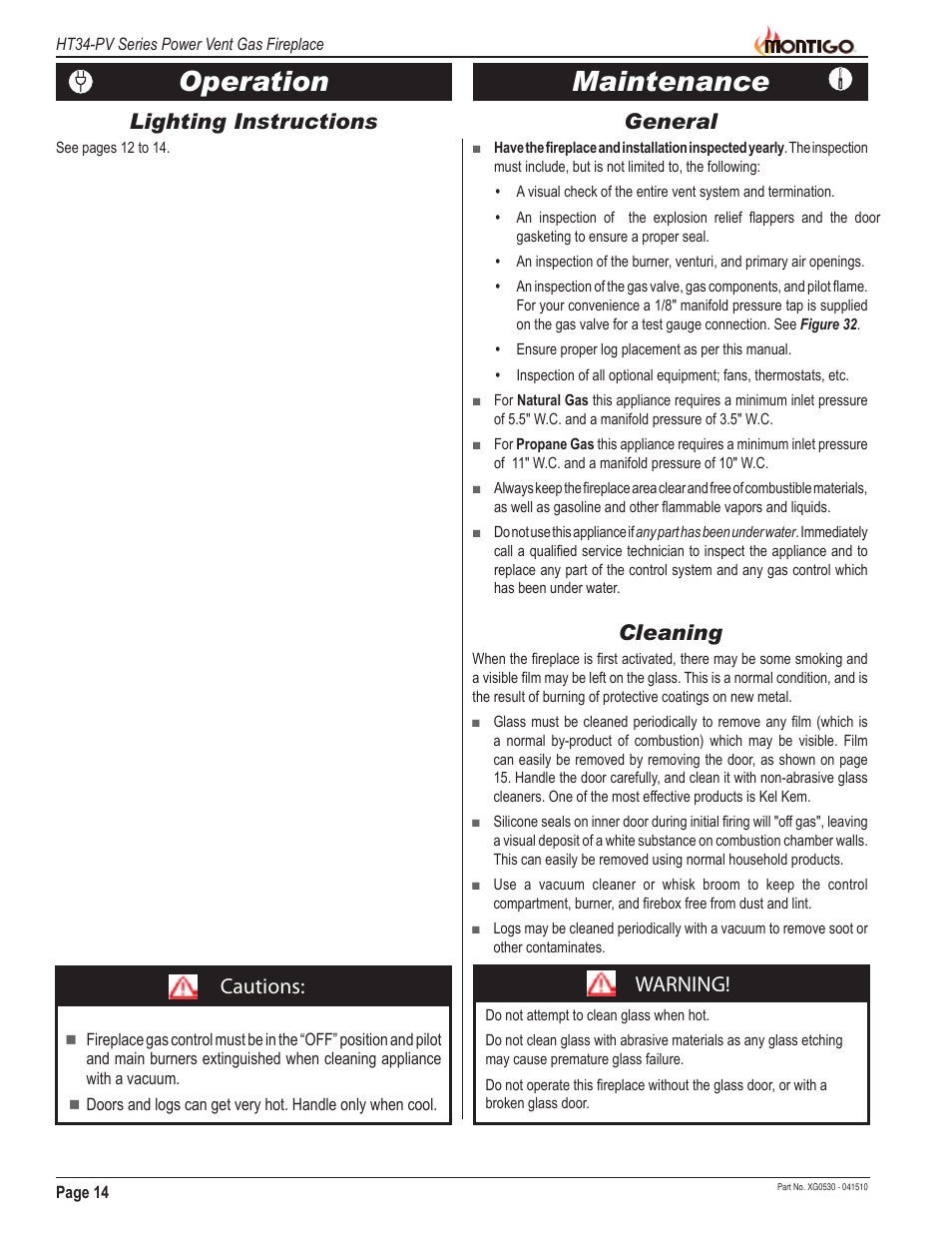 Maintenance, Operation, General | Lighting instructions, Cleaning, Warning, Cautions | Montigo HT34 PV User Manual | Page 14 / 20