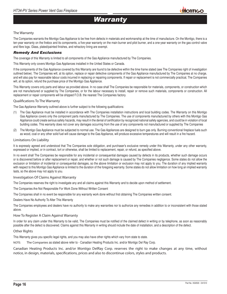 Warranty | Montigo HT34 PV User Manual | Page 16 / 20