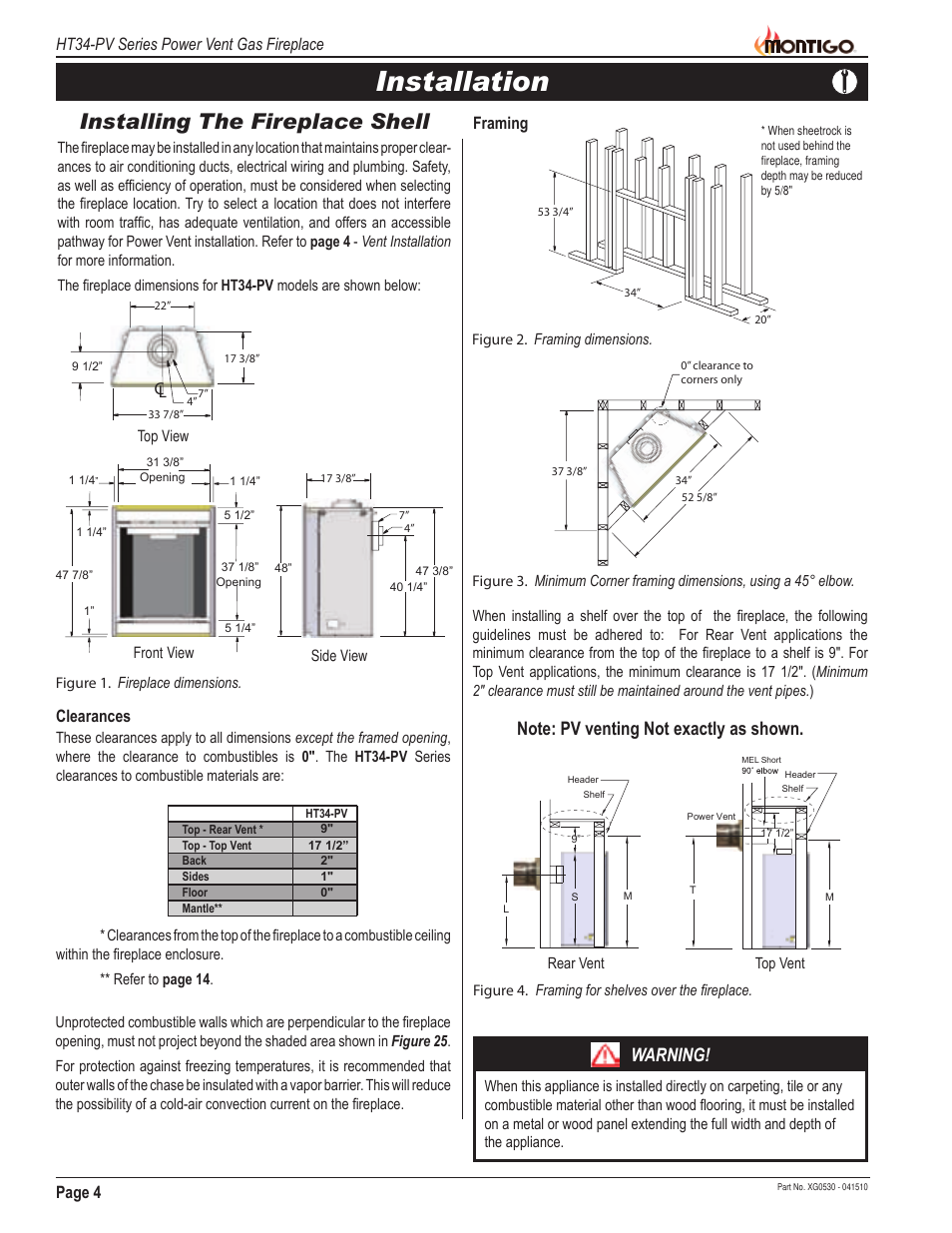 Installation, Installing the fireplace shell, Warning | Page 4 ht34-pv series power vent gas fireplace, Framing, Clearances | Montigo HT34 PV User Manual | Page 4 / 20