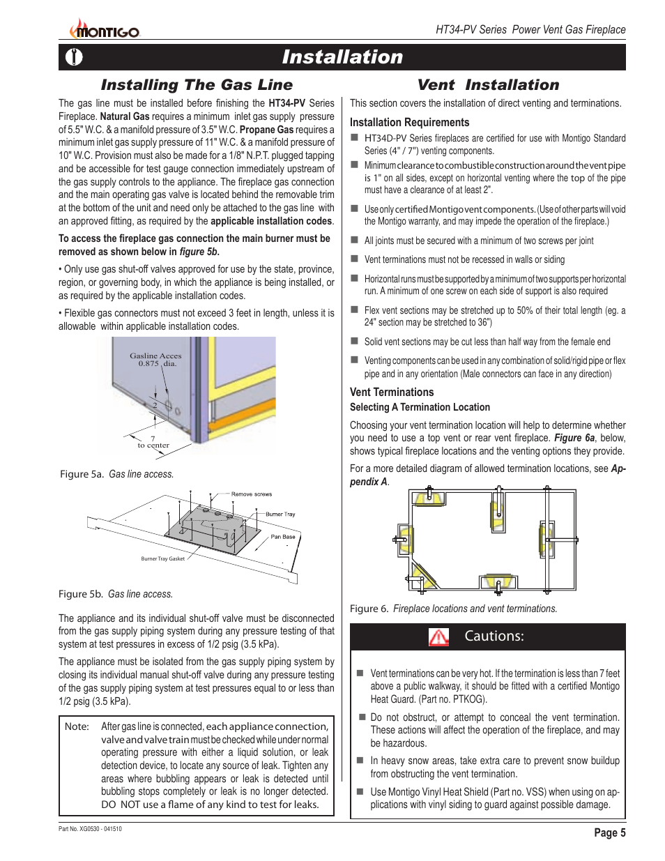 Installation, Vent installation, Installing the gas line | Cautions | Montigo HT34 PV User Manual | Page 5 / 20