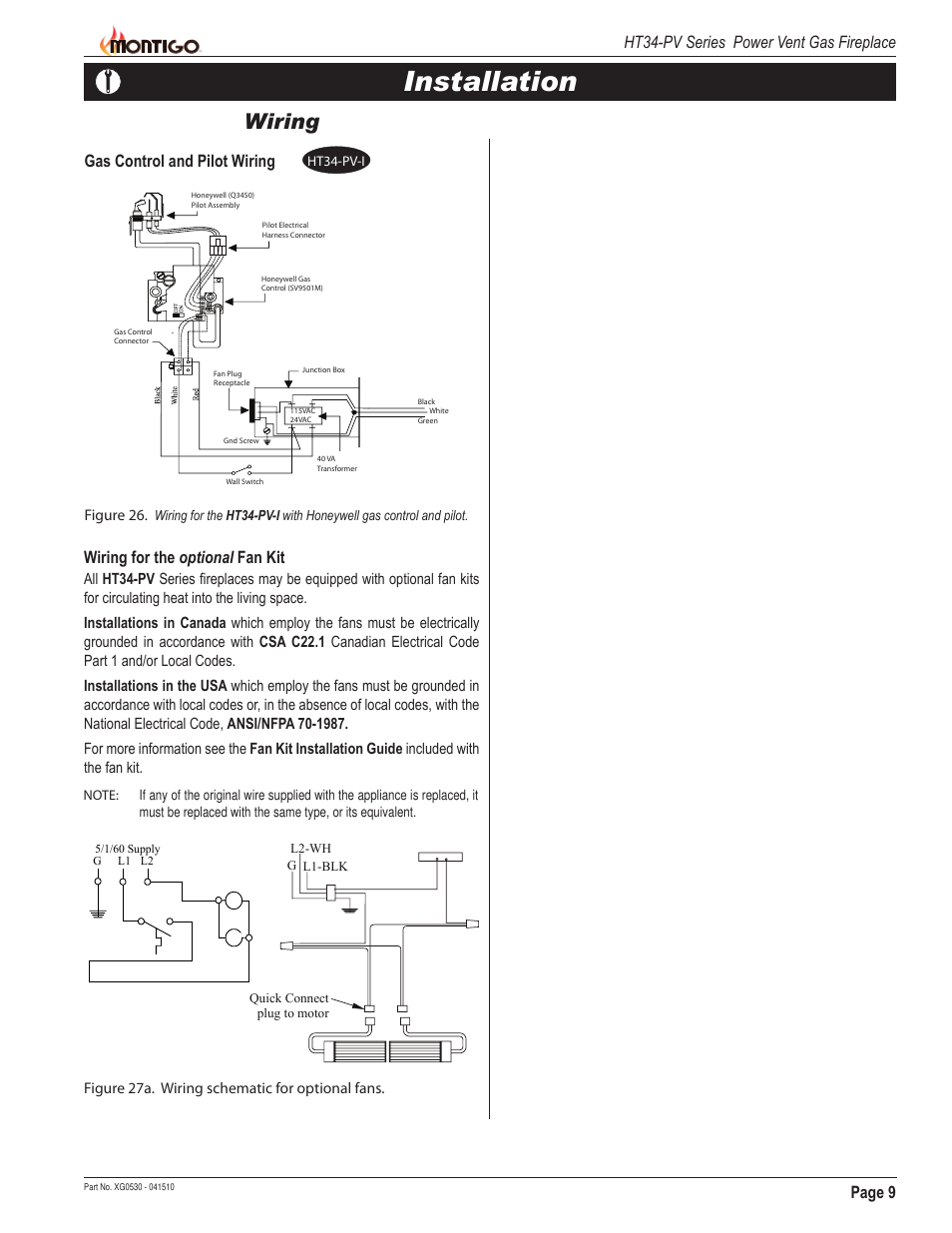 Installation, Wiring, Page 9 ht34-pv series power vent gas fireplace | Gas control and pilot wiring, Wiring for the optional fan kit | Montigo HT34 PV User Manual | Page 9 / 20