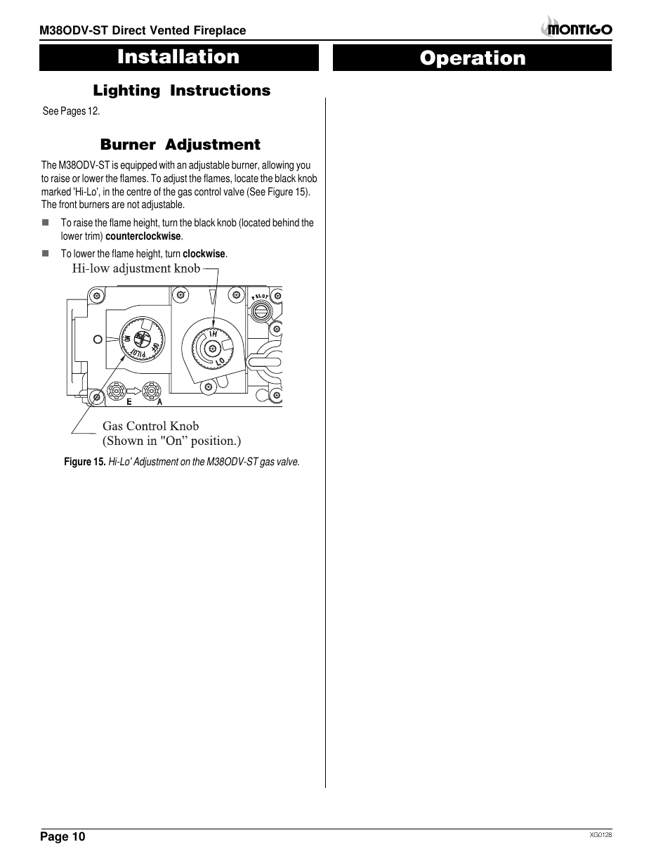 Installation operation, Lighting instructions, Burner adjustment | Montigo M38ODV ST User Manual | Page 10 / 16