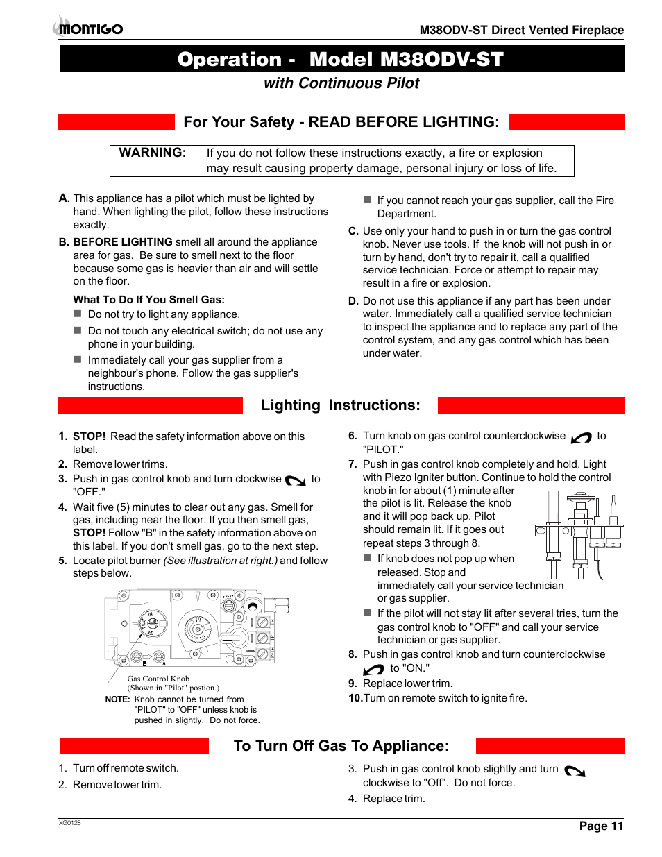 Operation - model m38odv-st, For your safety - read before lighting, Lighting instructions: with continuous pilot | Montigo M38ODV ST User Manual | Page 11 / 16