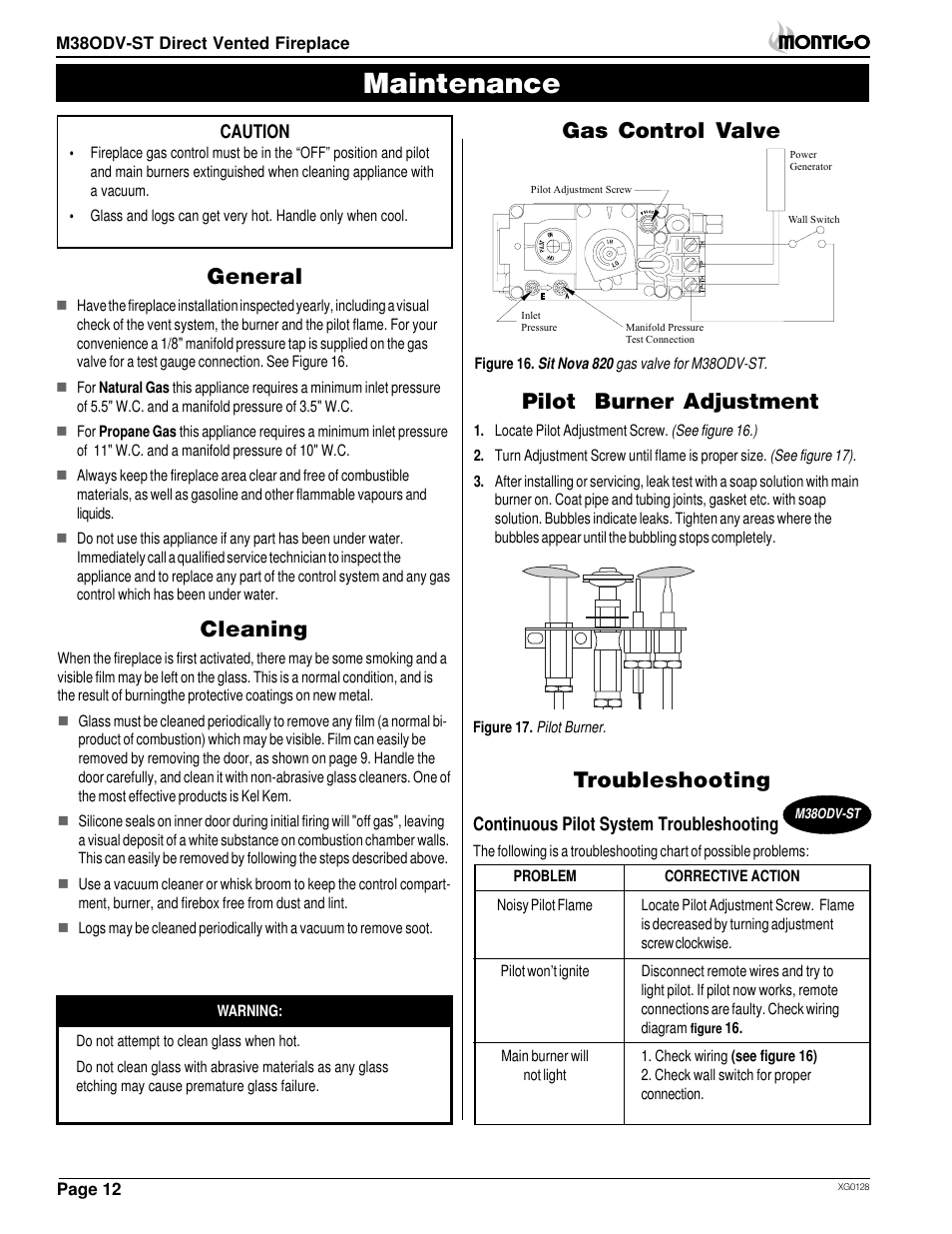Maintenance, General, Cleaning | Pilot burner adjustment, Gas control valve, Troubleshooting | Montigo M38ODV ST User Manual | Page 12 / 16