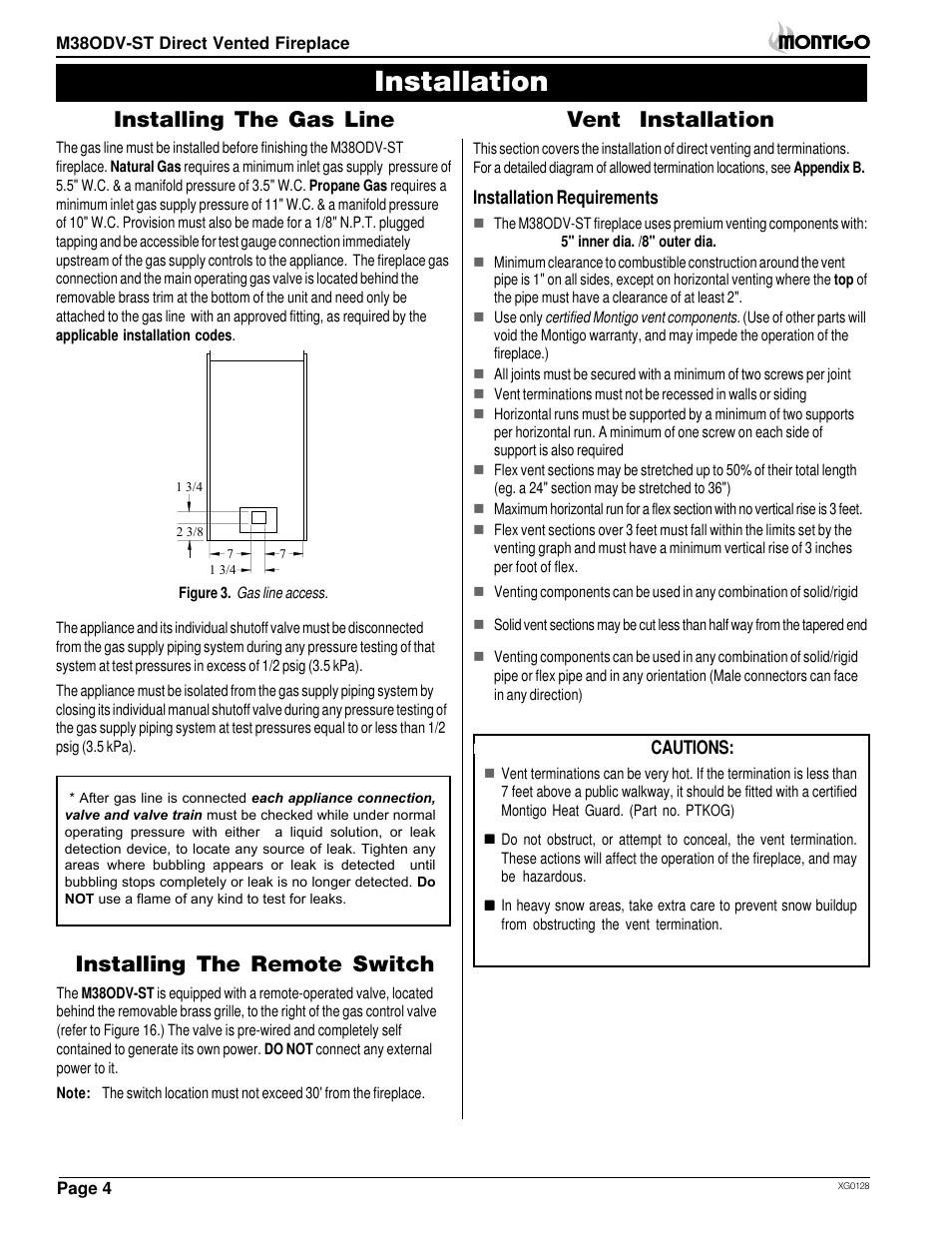 Installation, Installing the gas line, Installing the remote switch | Vent installation | Montigo M38ODV ST User Manual | Page 4 / 16