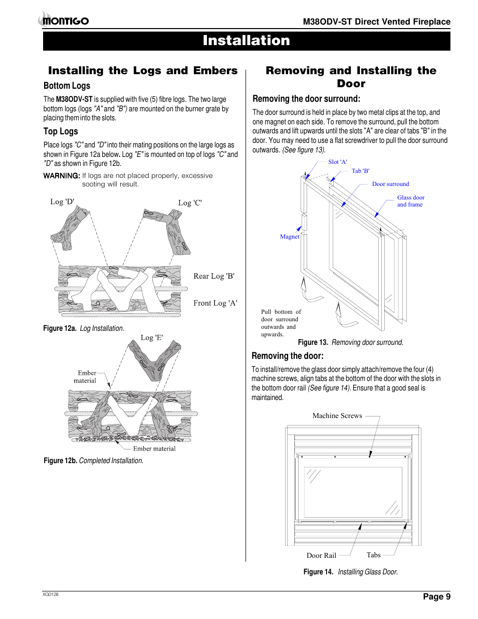 Installation, Removing and installing the door, Installing the logs and embers | Montigo M38ODV ST User Manual | Page 9 / 16