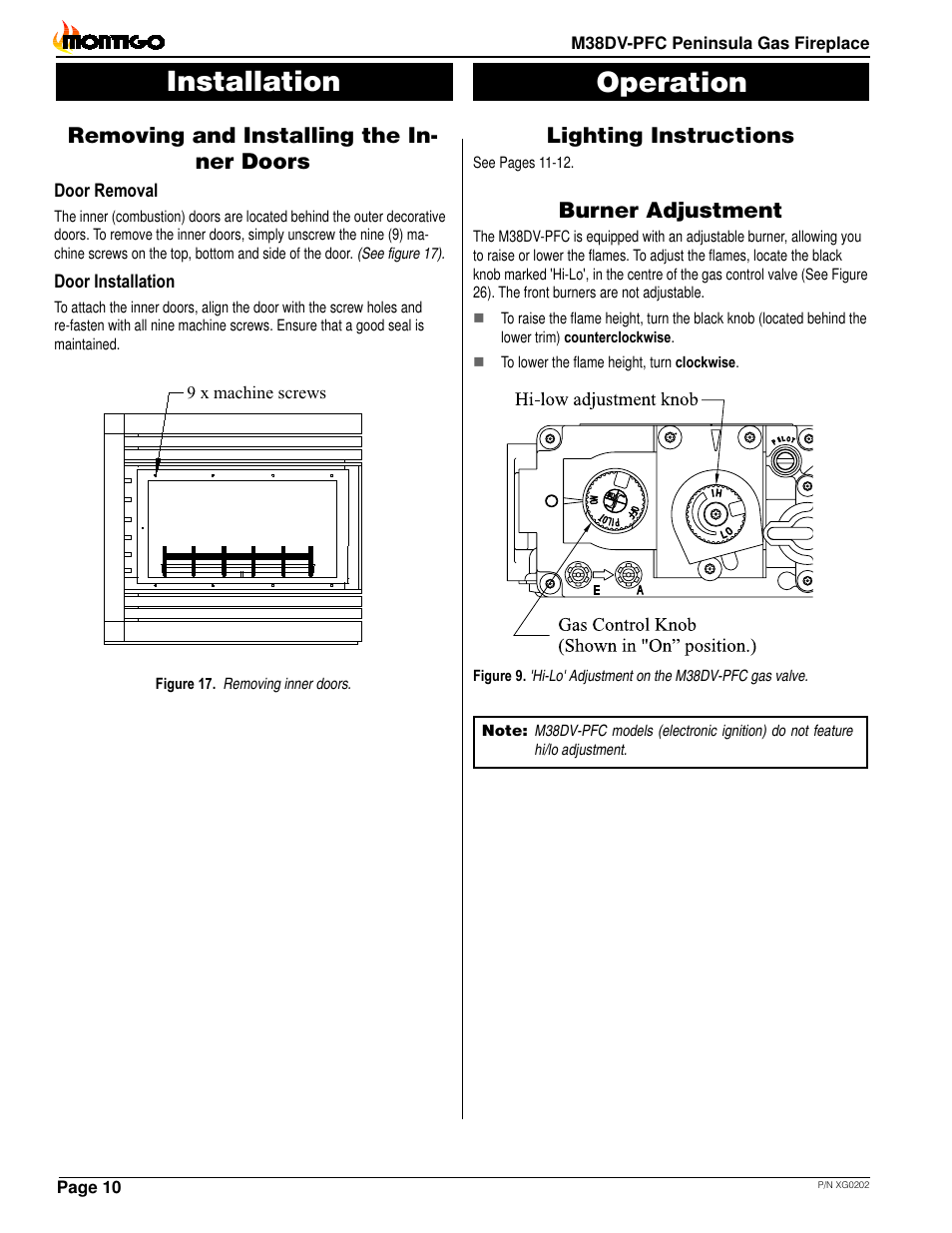 Installation, Operation, Removing and installing the in- ner doors | Lighting instructions, Burner adjustment | Montigo M38DV PFC User Manual | Page 10 / 18