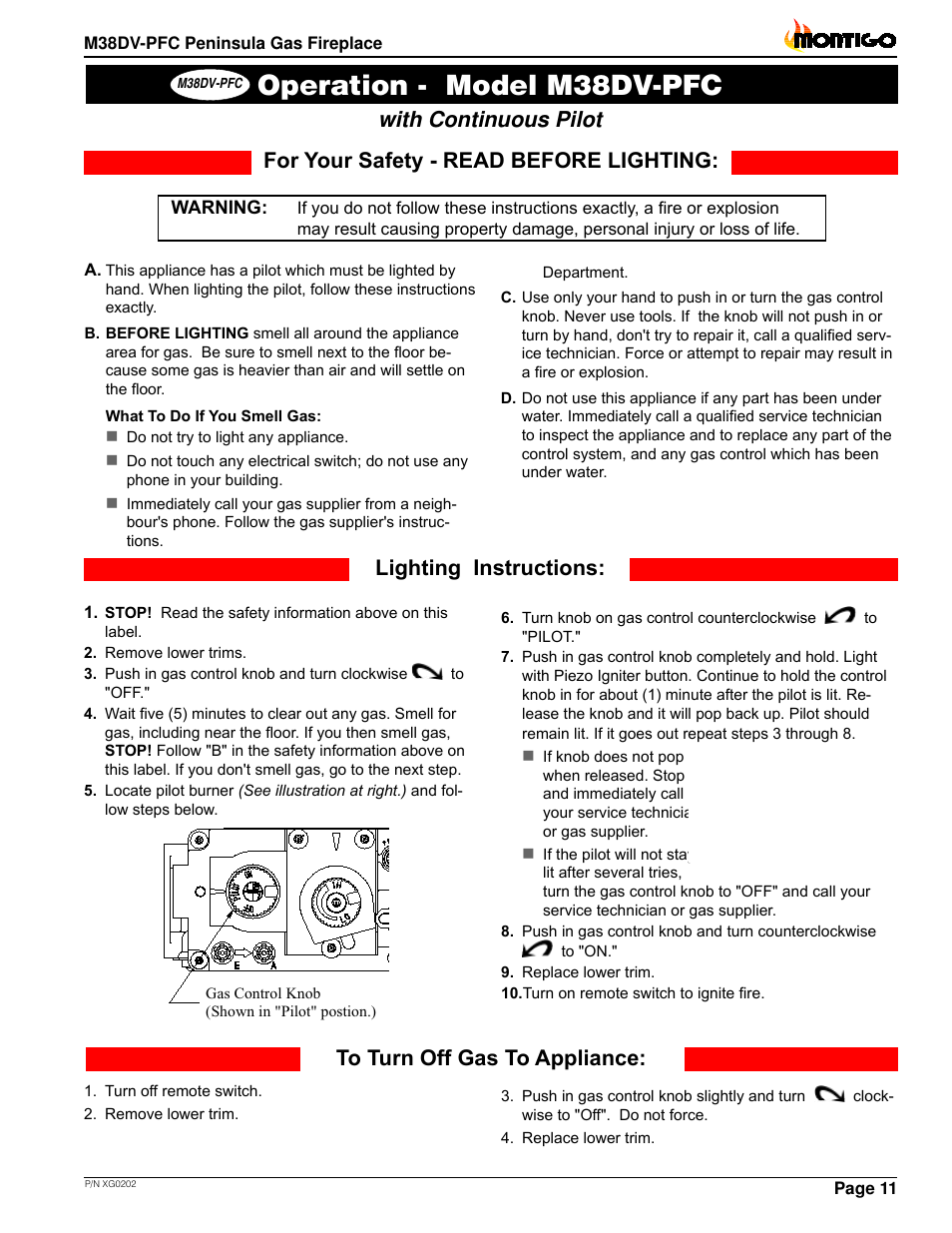 Operation - model m38dv-pfc, For your safety - read before lighting, Lighting instructions: with continuous pilot | Montigo M38DV PFC User Manual | Page 11 / 18