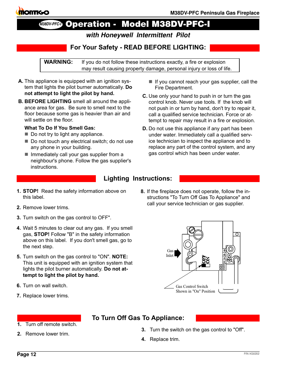 Operation - model m38dv-pfc-i, With honeywell intermittent pilot | Montigo M38DV PFC User Manual | Page 12 / 18