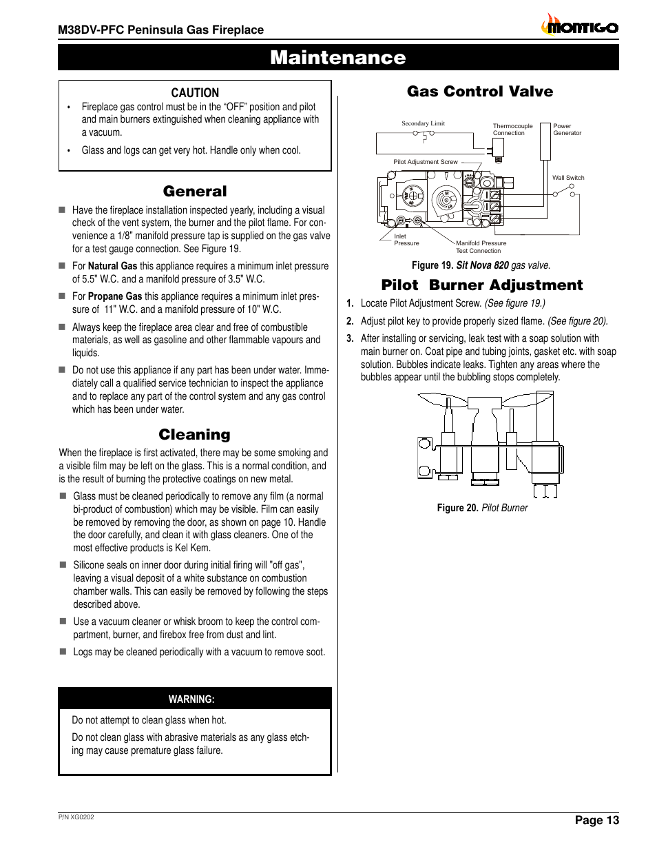 Maintenance, General, Cleaning | Pilot burner adjustment, Gas control valve, Caution, Page 13, M38dv-pfc peninsula gas fireplace | Montigo M38DV PFC User Manual | Page 13 / 18
