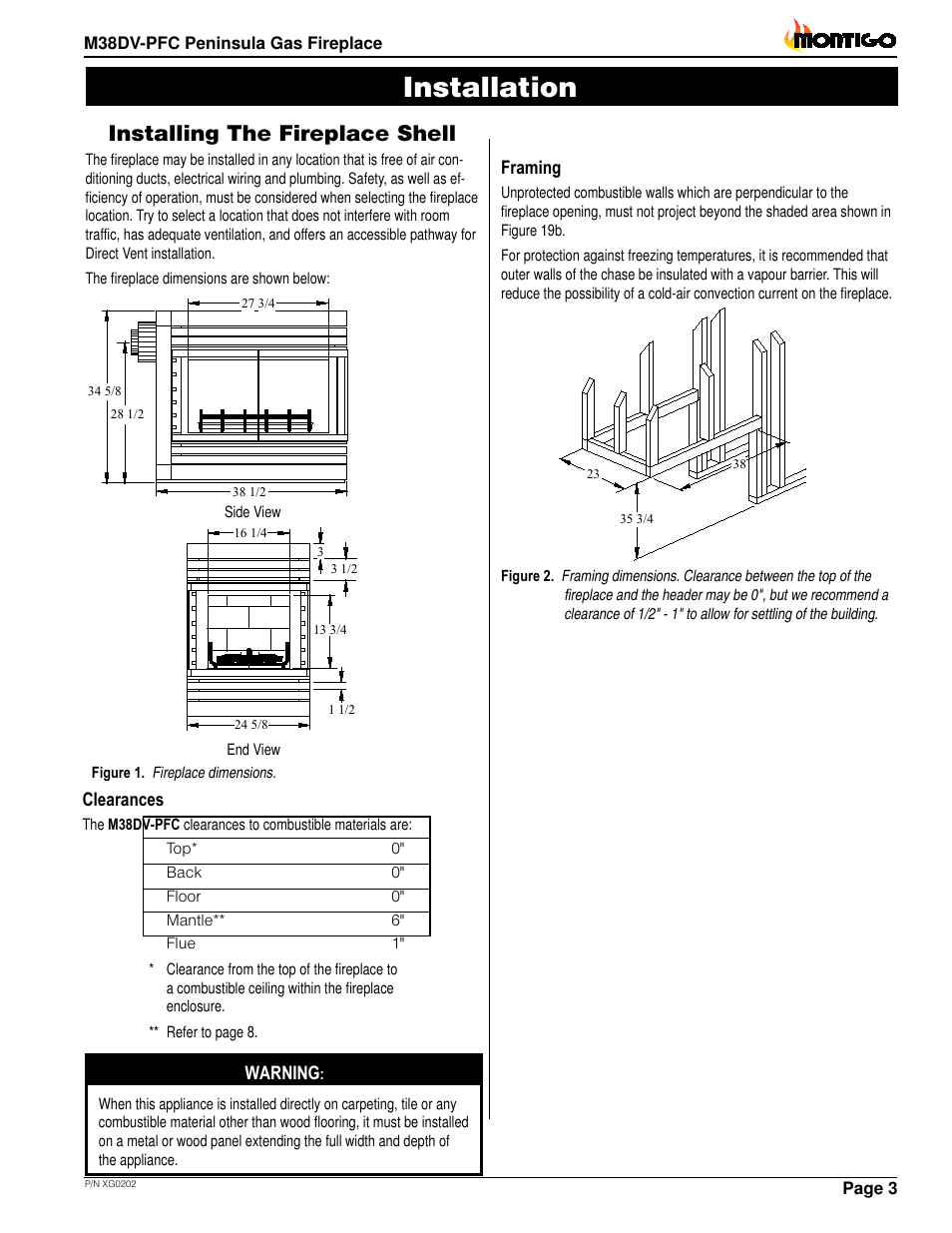 Installation, Installing the fireplace shell | Montigo M38DV PFC User Manual | Page 3 / 18