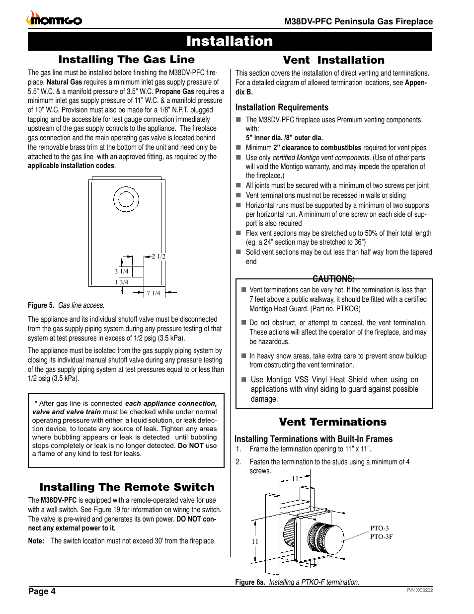 Installation, Installing the gas line, Installing the remote switch | Vent installation, Vent terminations | Montigo M38DV PFC User Manual | Page 4 / 18