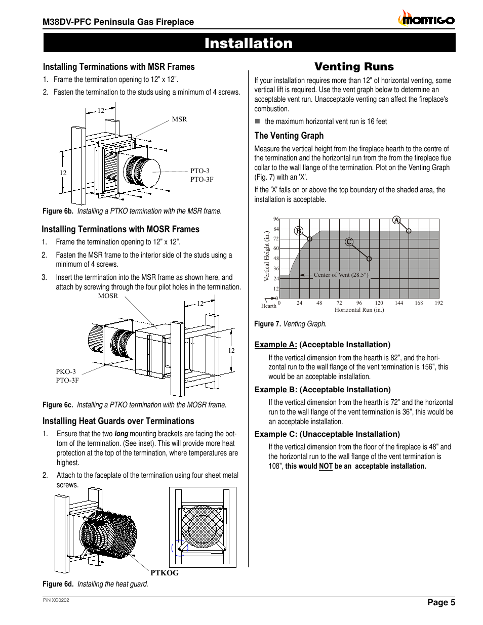 Installation, Venting runs, Installing heat guards over terminations | Installing terminations with msr frames, Installing terminations with mosr frames, The venting graph | Montigo M38DV PFC User Manual | Page 5 / 18
