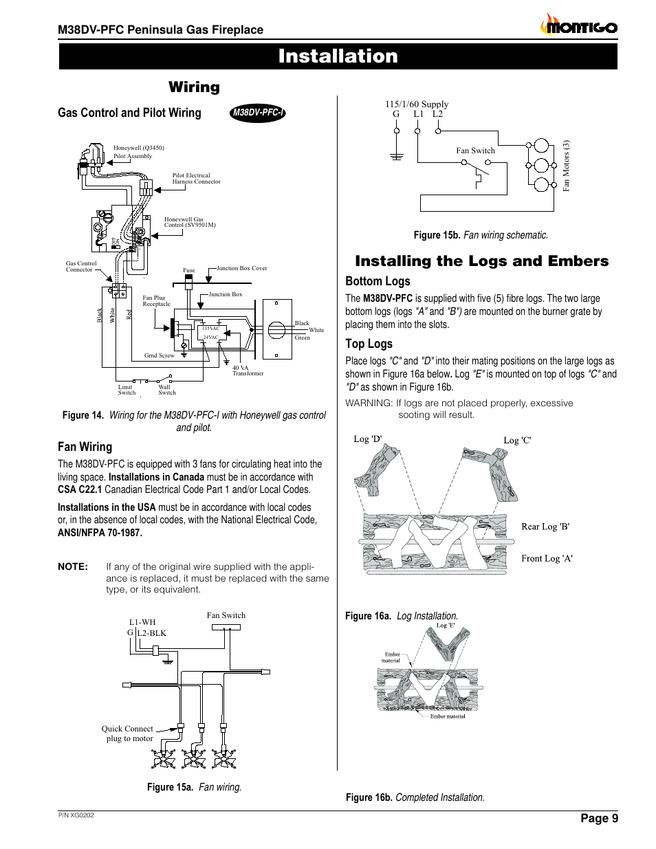 Installation, Wiring, Installing the logs and embers | Gas control and pilot wiring, Fan wiring, Bottom logs, Top logs, Page, M38dv-pfc peninsula gas fireplace | Montigo M38DV PFC User Manual | Page 9 / 18