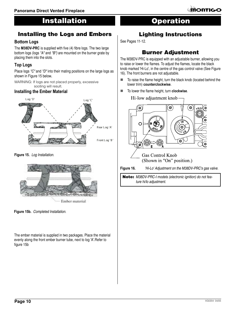 Installation operation, Lighting instructions, Installing the logs and embers | Burner adjustment | Montigo M38DV PRC User Manual | Page 10 / 22