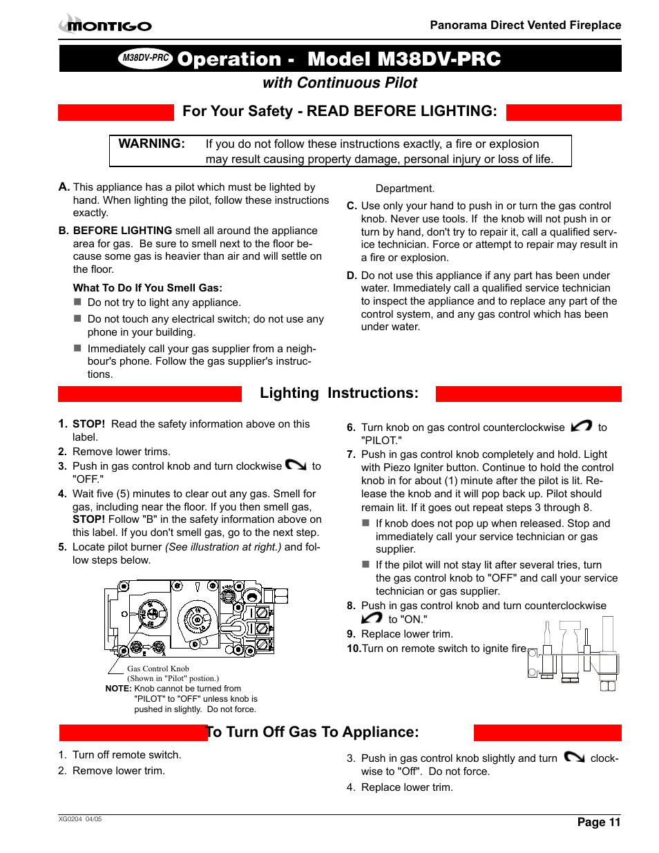 Operation - model m38dv-prc, For your safety - read before lighting, Lighting instructions: with continuous pilot | Montigo M38DV PRC User Manual | Page 11 / 22