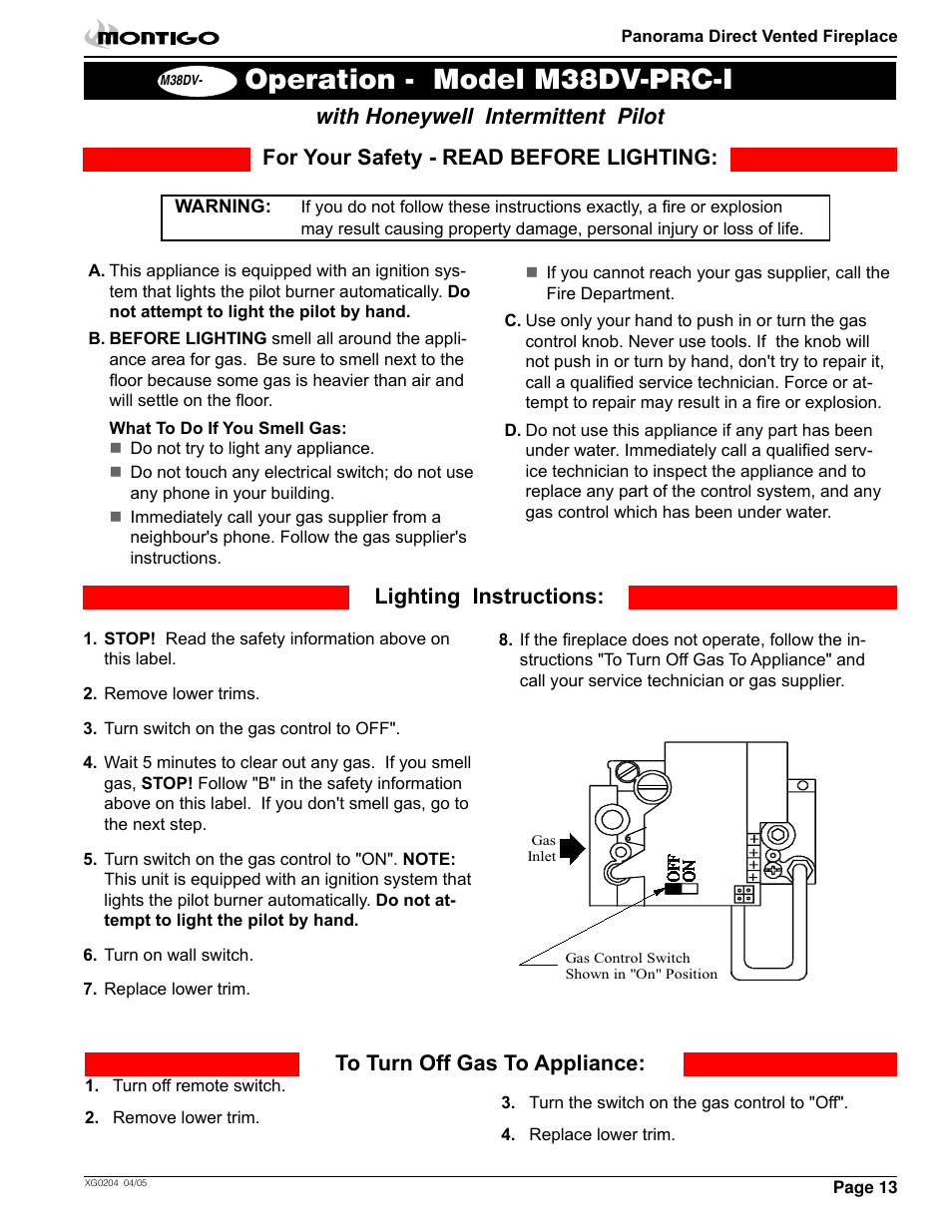 Operation - model m38dv-prc-i, With honeywell intermittent pilot | Montigo M38DV PRC User Manual | Page 13 / 22