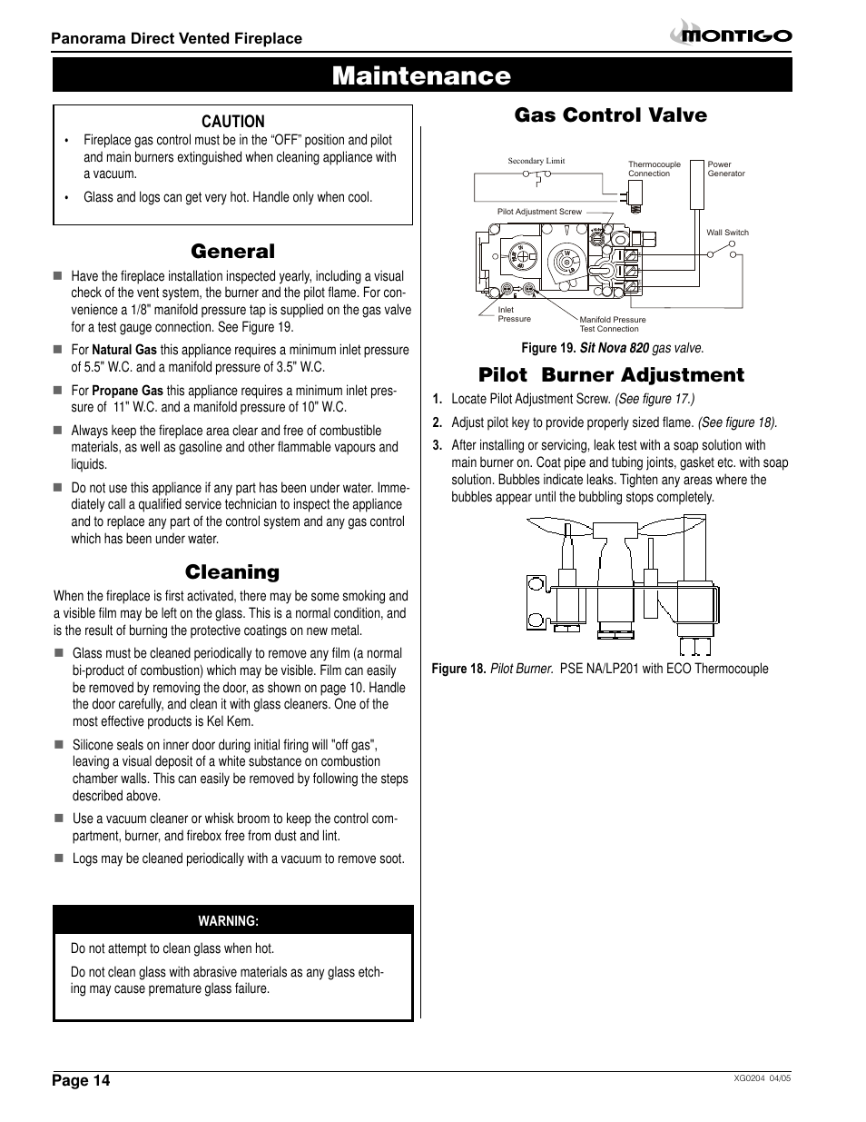 Maintenance, General, Cleaning | Pilot burner adjustment, Gas control valve, Caution, Page 1 panorama direct vented fireplace | Montigo M38DV PRC User Manual | Page 14 / 22