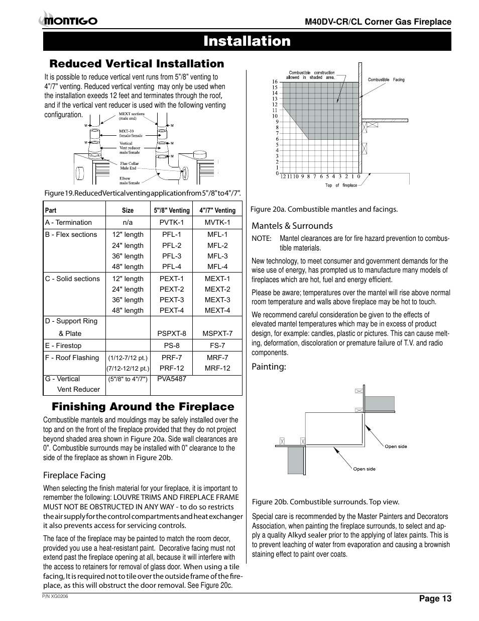 Installation, Finishing around the fireplace, Reduced vertical installation | Montigo M40DV CL CR User Manual | Page 13 / 26