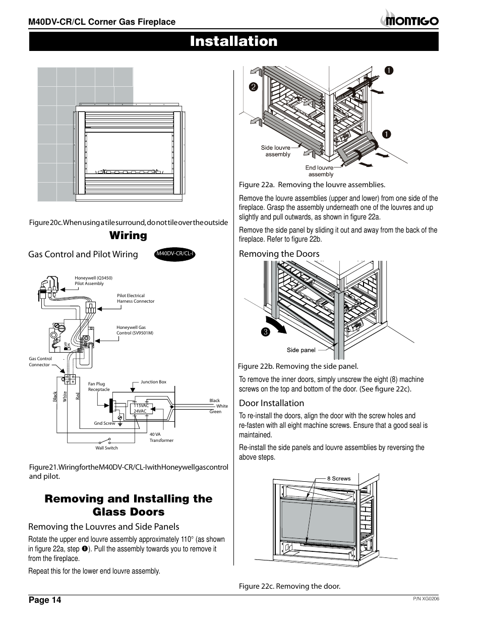 Installation, Wiring, Removing and installing the glass doors | Gas control and pilot wiring, Removing the louvres and side panels, Removing the doors, Door installation | Montigo M40DV CL CR User Manual | Page 14 / 26