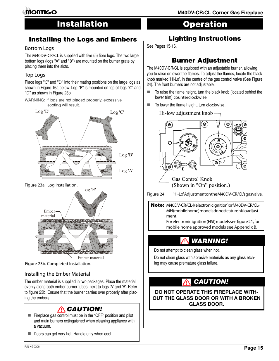 Installation operation, Lighting instructions, Burner adjustment | Installing the logs and embers, Warning, Caution | Montigo M40DV CL CR User Manual | Page 15 / 26